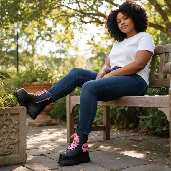 ๐ Platform Ankle Boots - Skull Print - Lace Up - Punk - Square Toe Short Boots - Picture 3 of 17